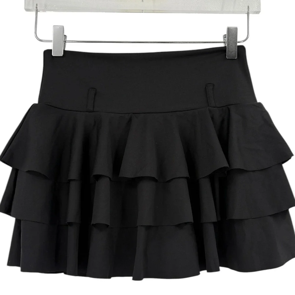HALARA Skirt Size XL NEW Black High Waisted Tiered Ruffle Micro Mini - Picture 2 of 4